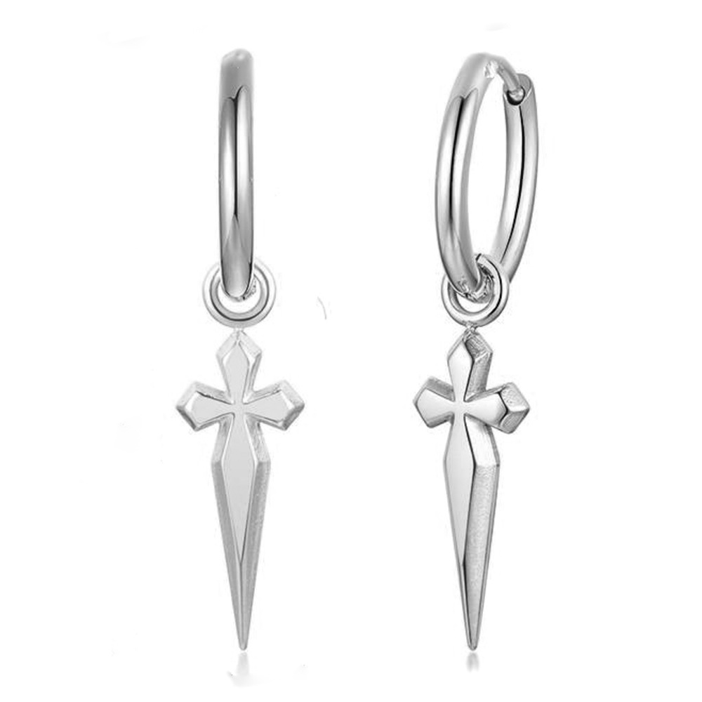 Solid Silver Mens Dangle Dagger Cross Huggie Hoop Sword Sterling Silver Earrings